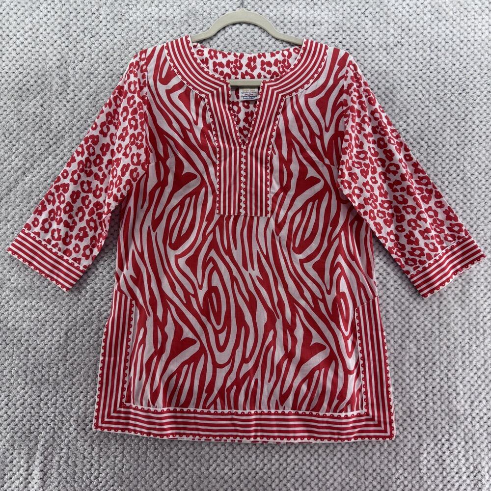 Gretchen Scott Top Womens S Orange Animal Print Cotton Tunic V-Neck 3/4 Sleeve